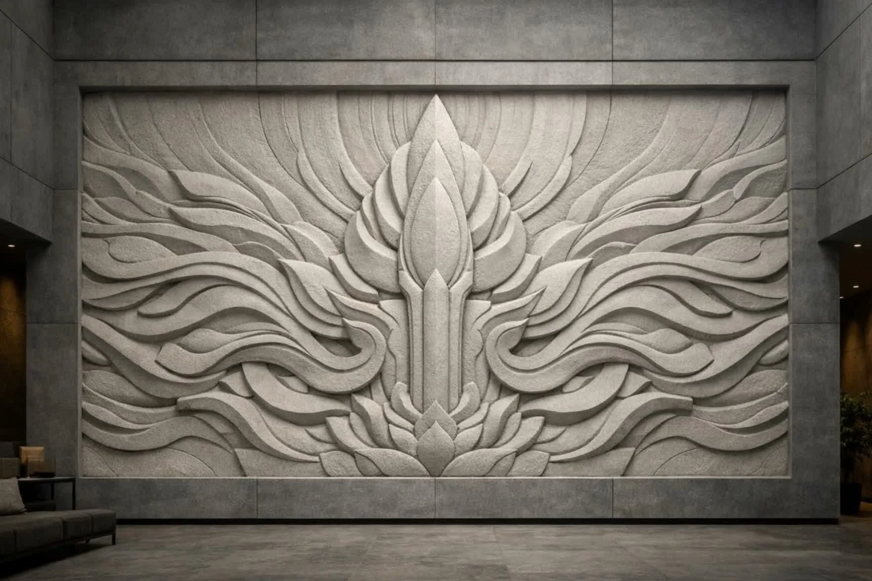 Monumental horizontal mural sculpture designed for a lobby, built around a strong left–right symmetry and a central abstract form. A contemporary, deeply carved composition where flowing lines create a powerful, modern architectural presence.