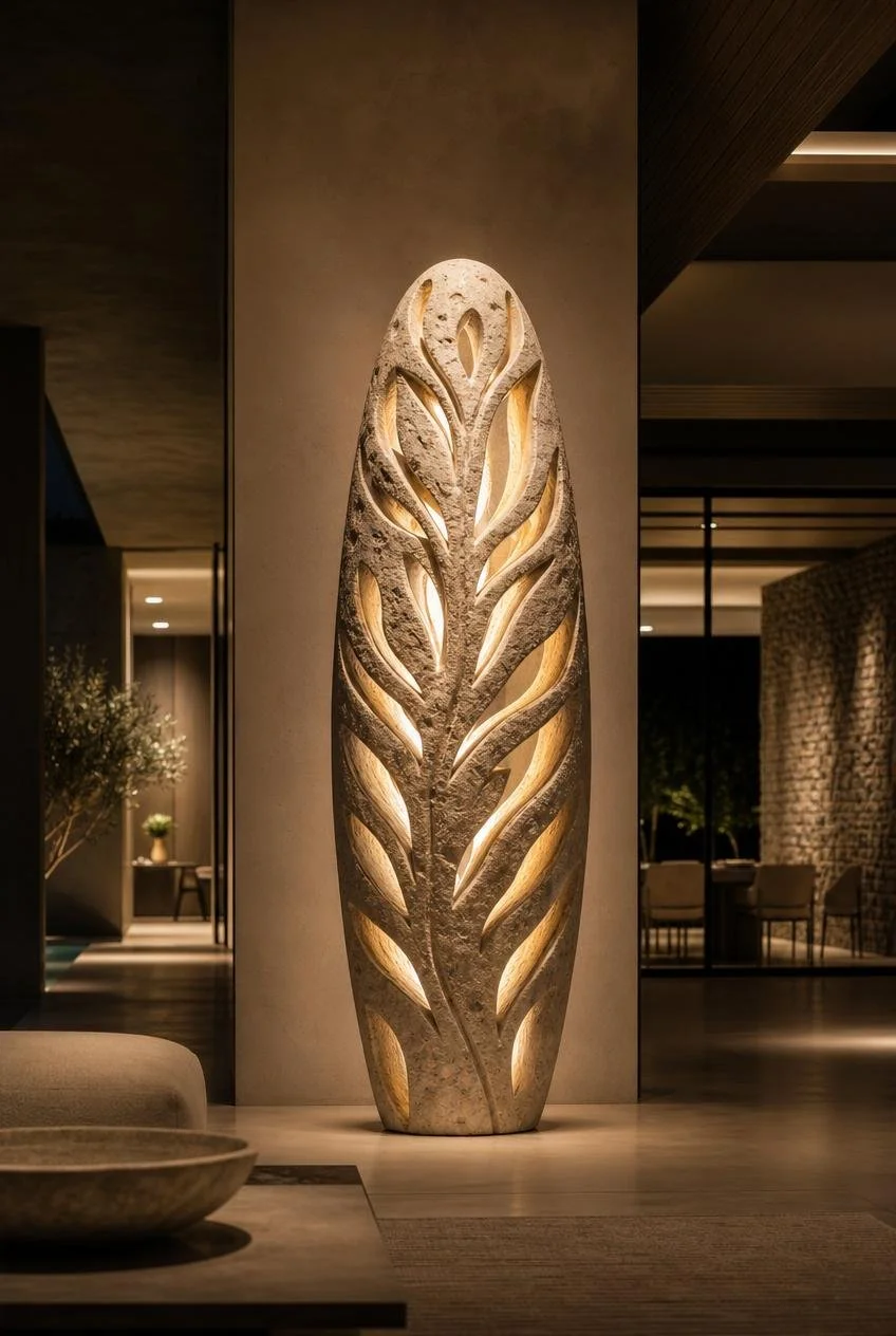 Large hand carved lamp sculpture with perforated leaf forms