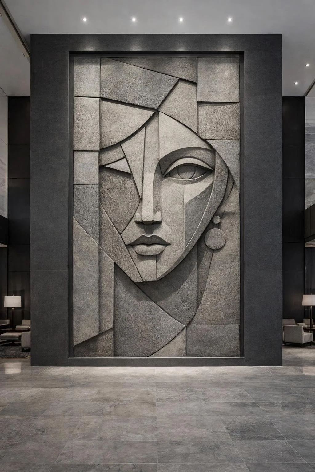 Modern and large wall sculpture in natural grey sandstone from angkor. Contemporary cubist abstract style. Solaro Art Collection