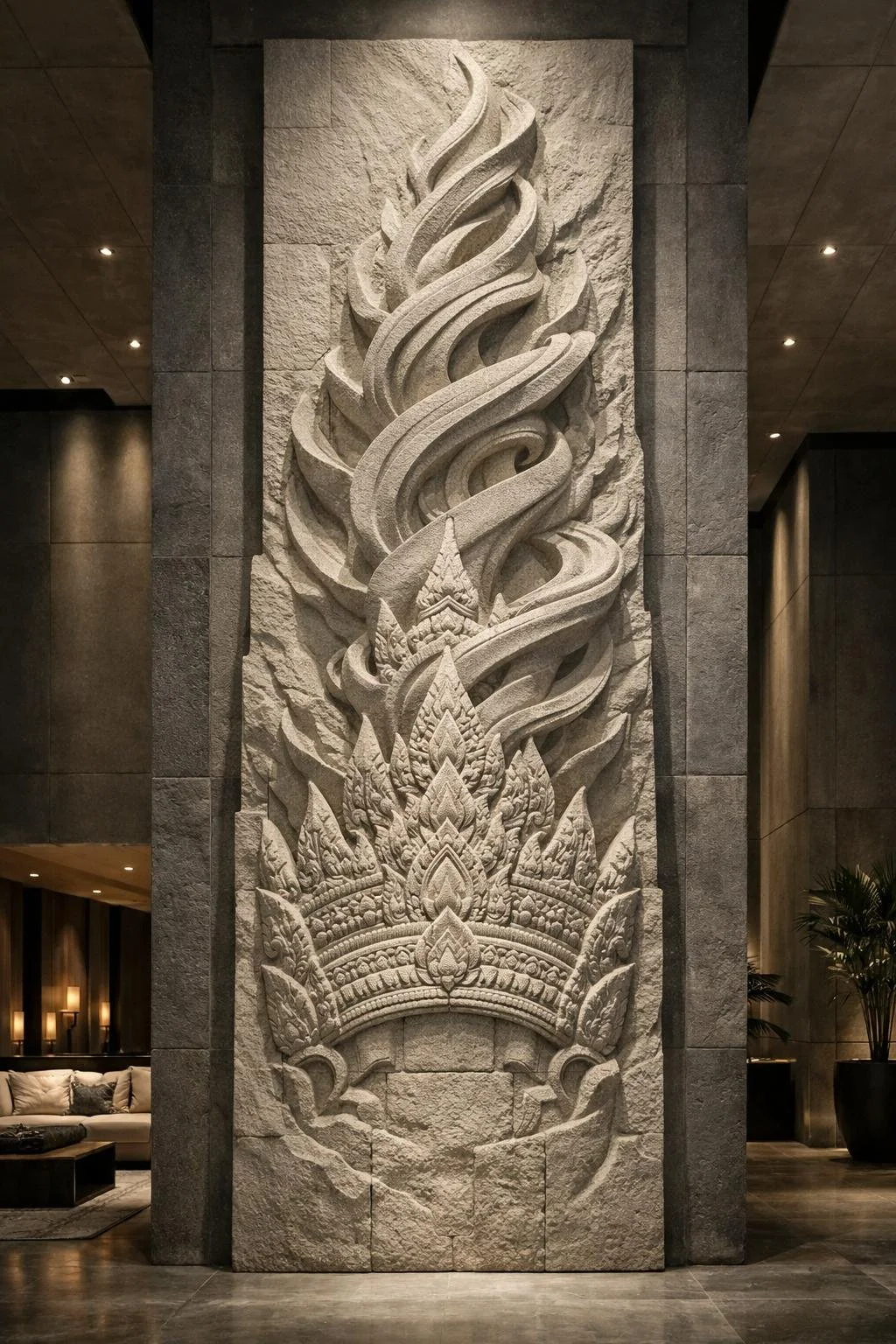 Intricate stone carving of flames and a majestic crown on a tall rectangular pillar in a modern luxury Lobby setting.