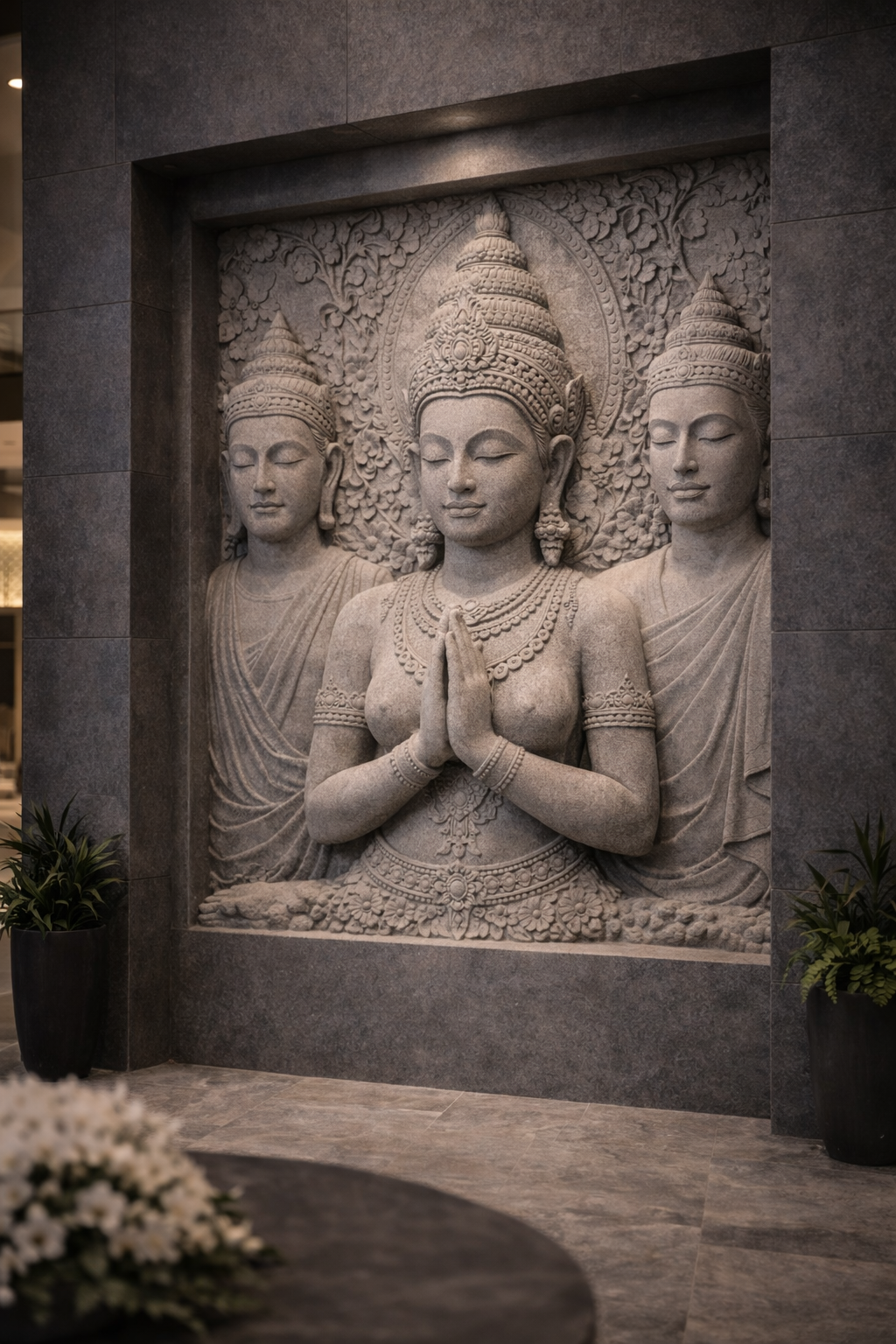 Custom architectural Asian (Khmer) square wall art, serene figures in deep relief, this wall sculpture is ideal for lobby or other architectural incorporation. By Solaro Art Collection.