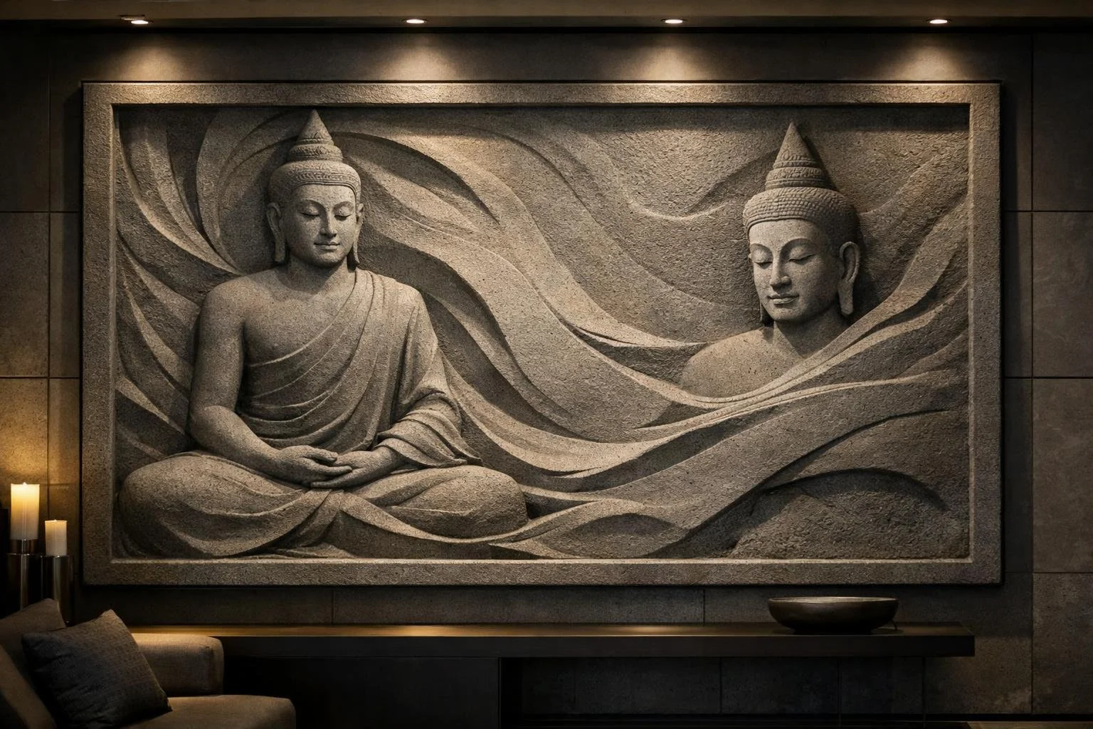 Custom large scale Asian contemporary wall art horizontal relief, this sculpture is ideal for lobby or other architectural incorporation. By Solaro Art Collection.
