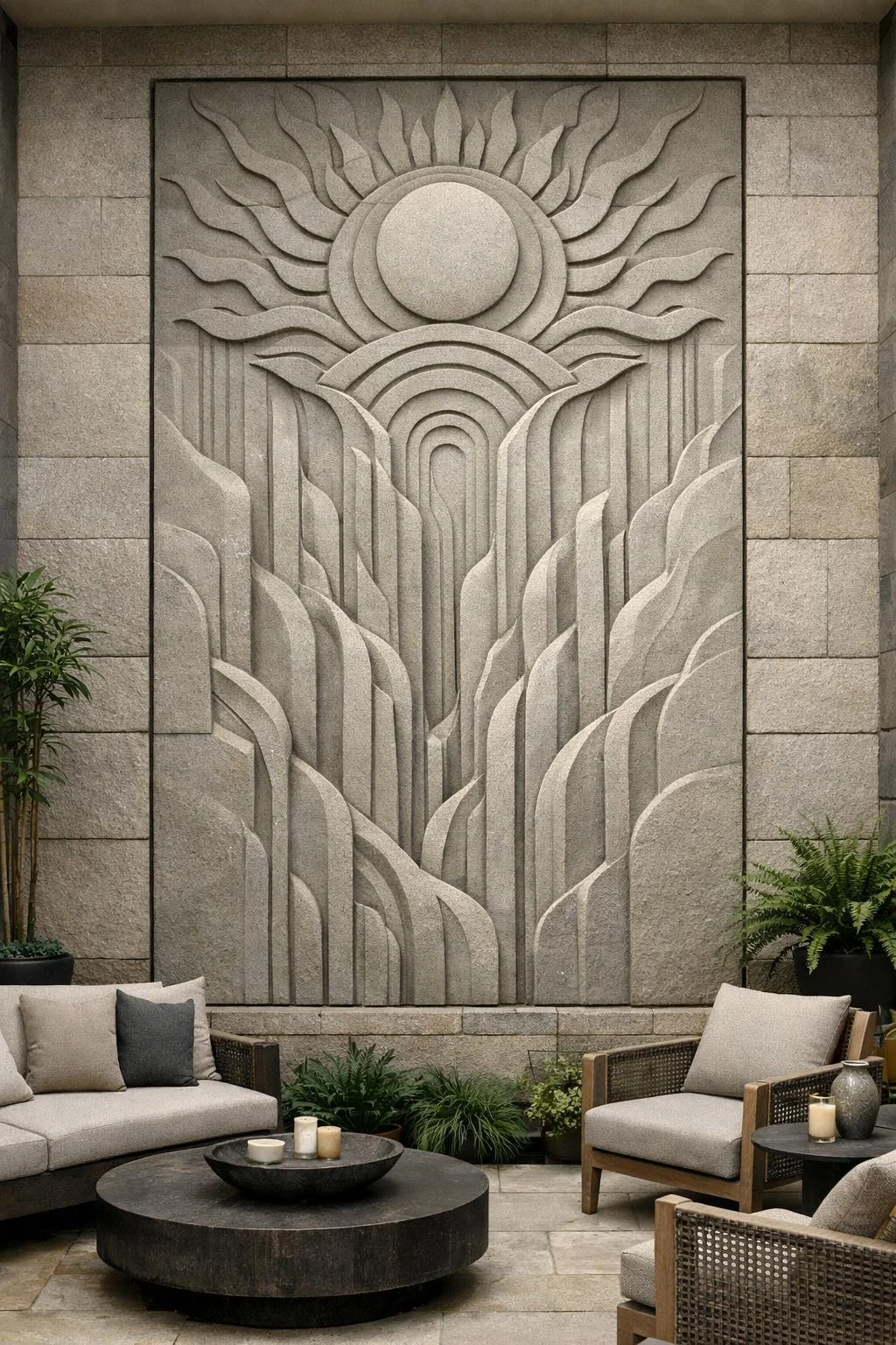 Architectural Vertical biomorphic stone wall sculpture with flowing organic relief. Monumental sculptural feature wall designed for contemporary architectural spaces.