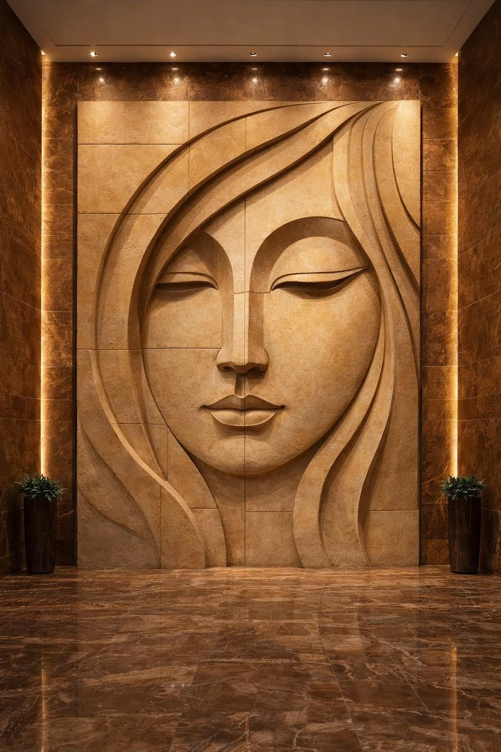 Custom monumental sandstone wall sculpture for luxury lobbies or architectural spaces. Solaro Art collection