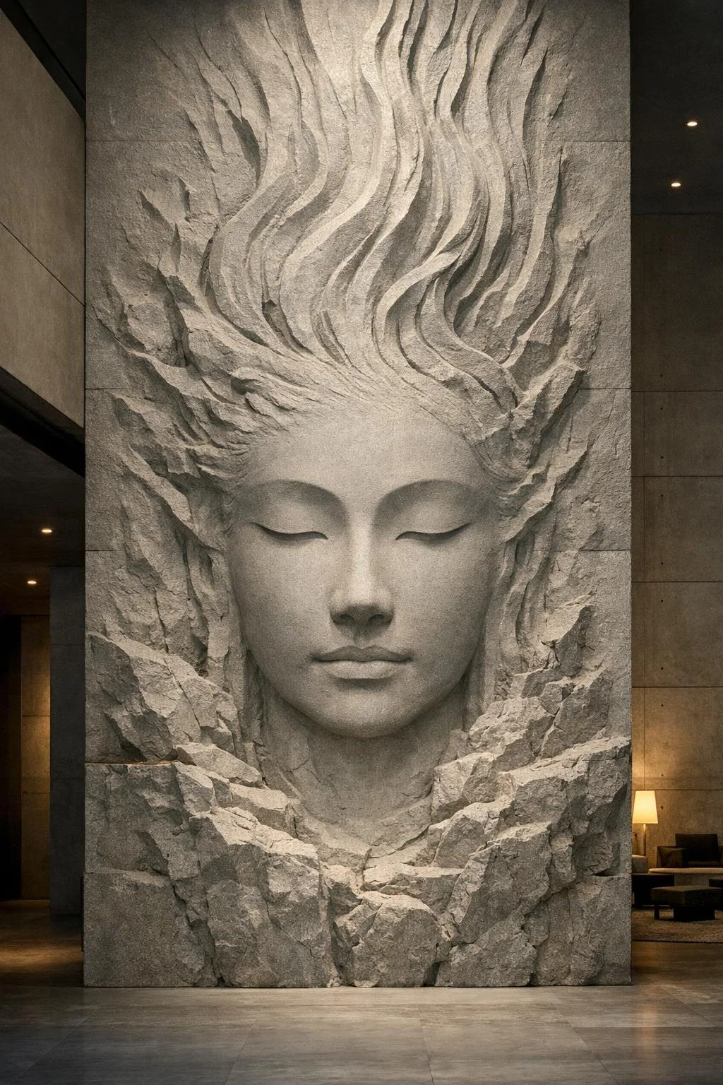 A large stone sculpture of a woman's face with eyes closed, embedded into a rocky wall with flowing hair carved into the stone.