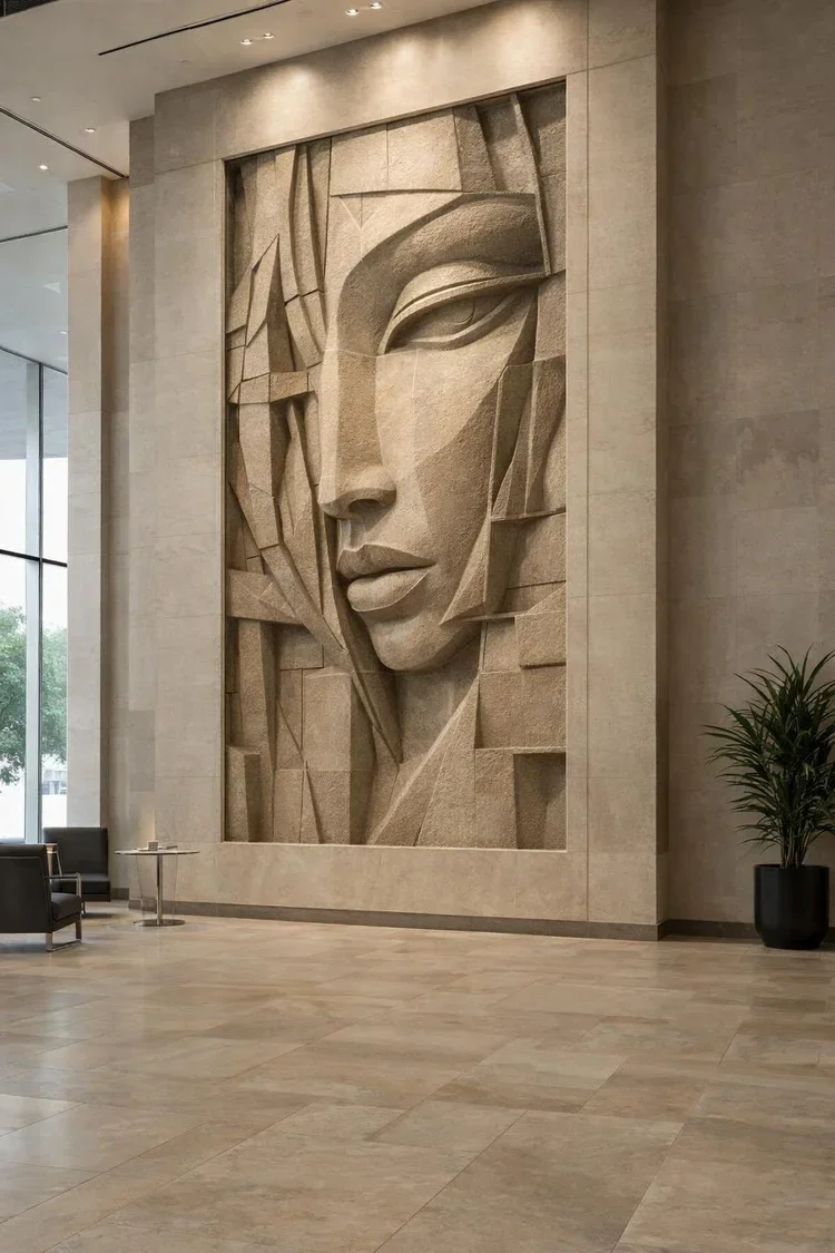 Custom monumental cubist figurative stone carved wall relief. Solaro Art Collection