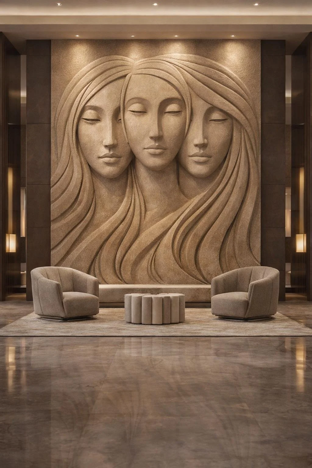 monumental sandstone wall sculpture featuring three serene female faces connected through flowing sculptural lines. Designed as a striking architectural centerpiece for luxury hotels. Solaro Art Collection