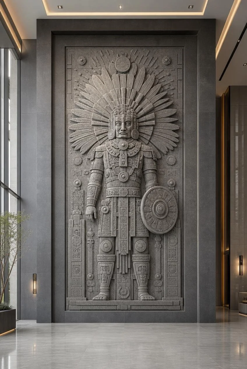 Large Mayan Warrior Stone carved Wall relief in a luxury lobby - Solaro Art Collection
