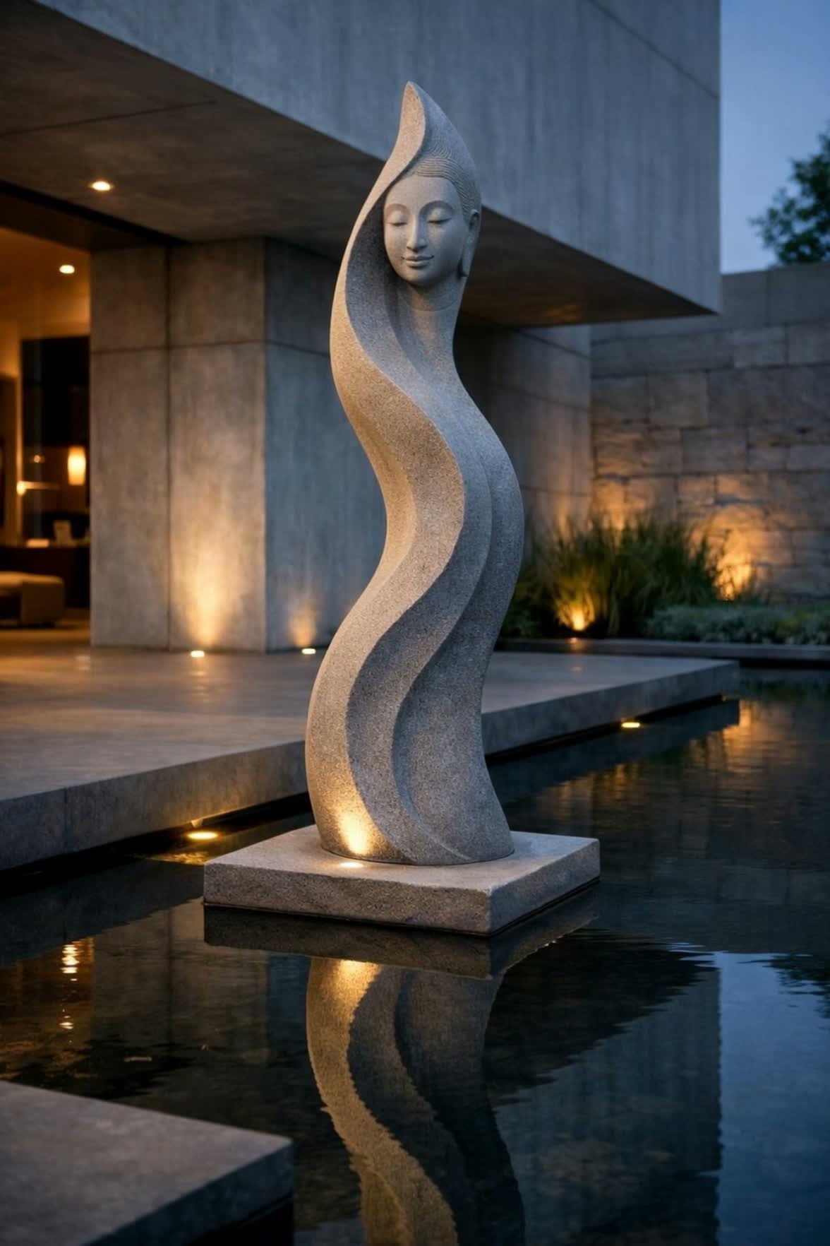 Modern large sculpture of a woman's face with flowing lines, situated in a pool of water outside a contemporary building at dusk. Exclusive piece . Solaro Art Collection.