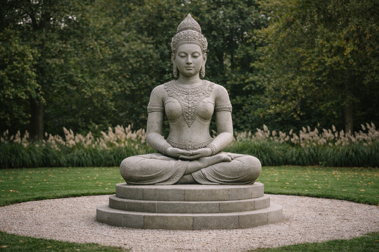 Stone statue of a seated woman with traditional clothing, jewelry, and a headdress, outdoors with trees and flowers in the background. Large statues made to roder for gardens. Unique custom sculpture. Solaro Art Collection.