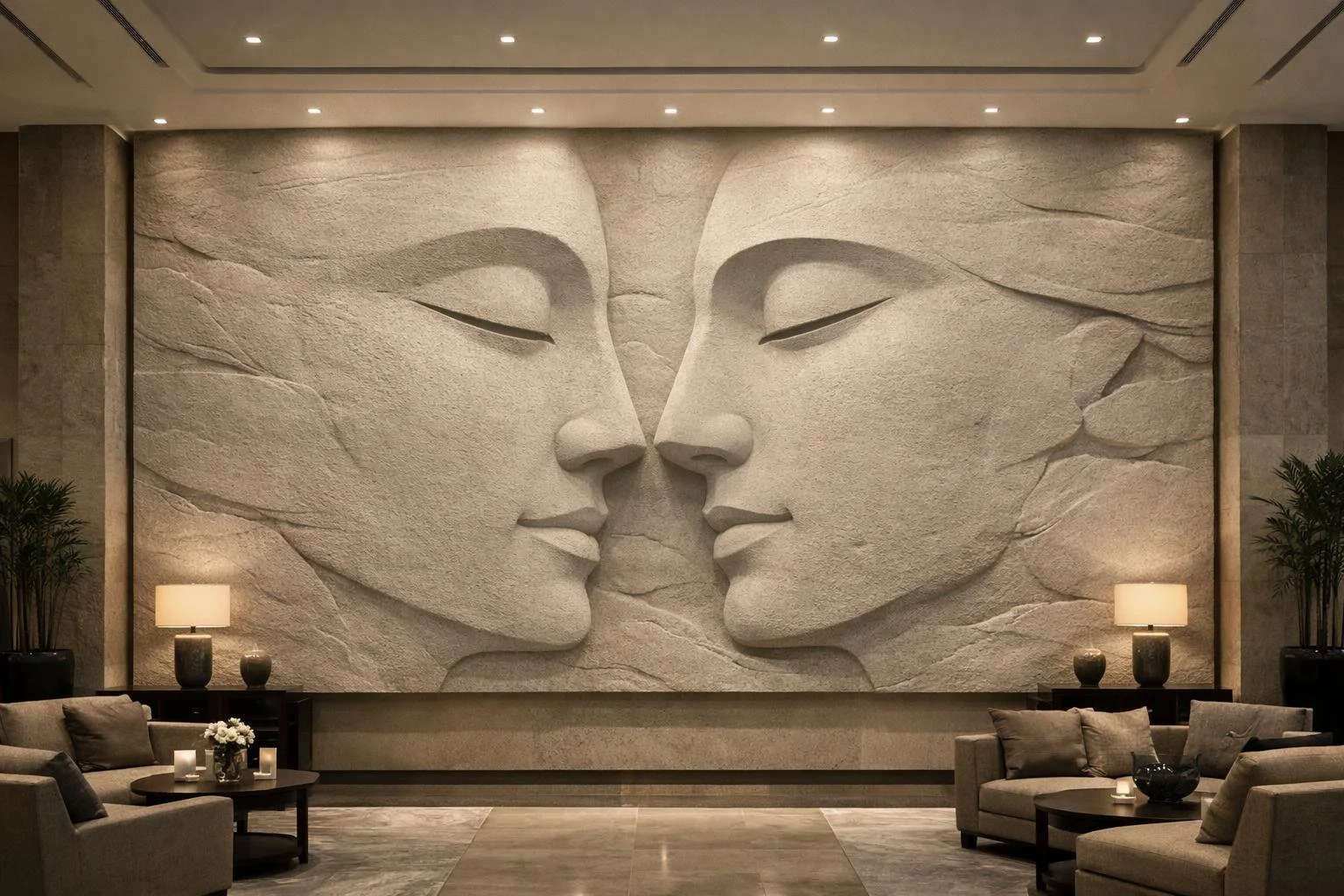 Large-scale horizontal sandstone wall sculpture for luxury interiors. Unique piece by Solaro Art Collection