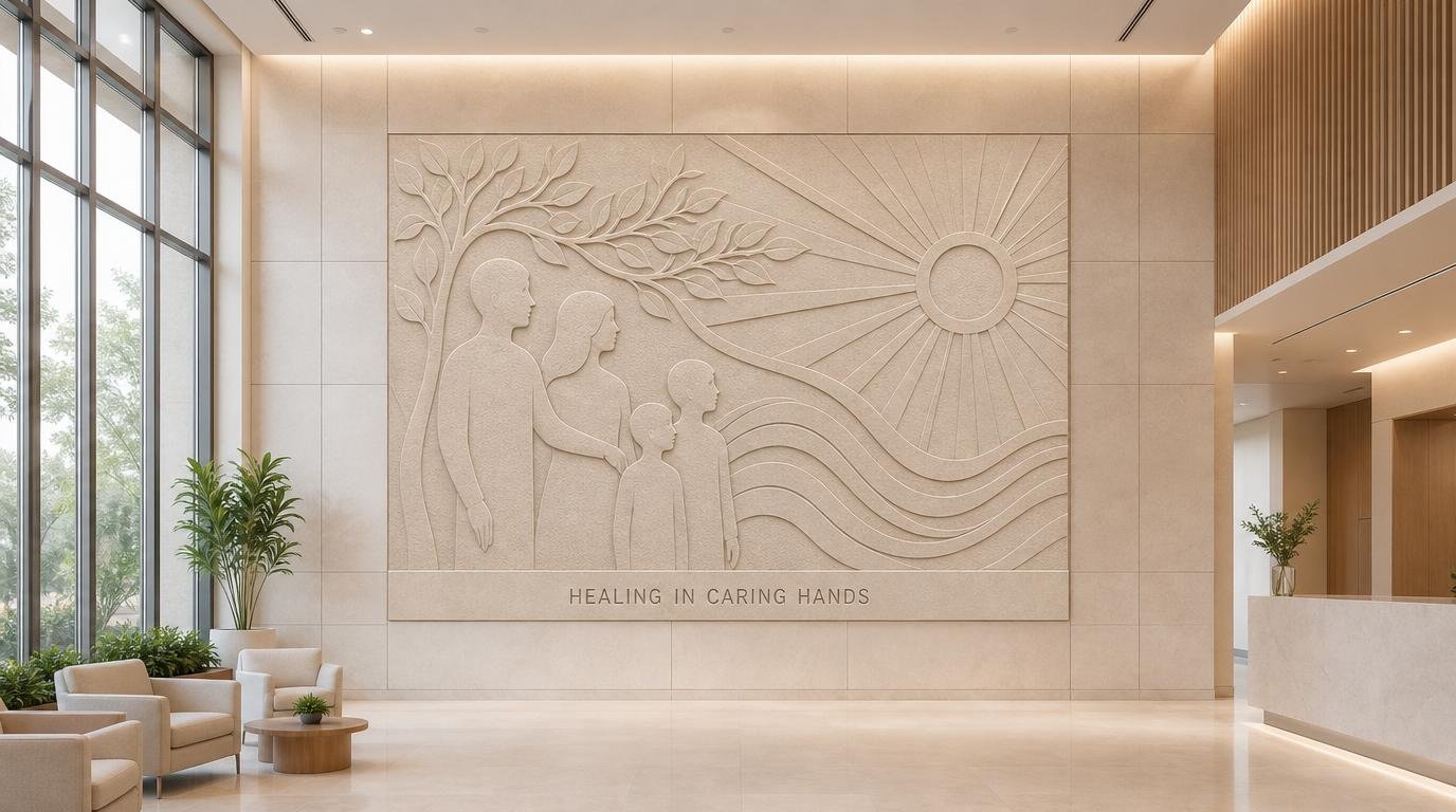 Contemporary wall stone relief with family, sun and tree of life inside a hospital lobby