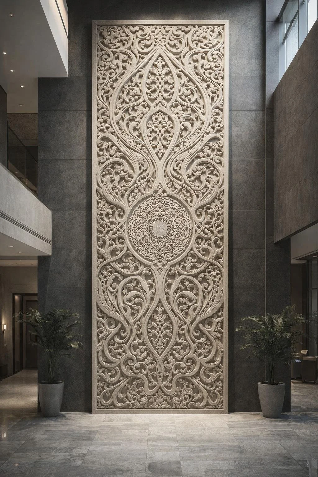 Monumentlal Vertical hand-carved arabesque wall relief sculpture for luxury interiors. Solaro Art Collection
