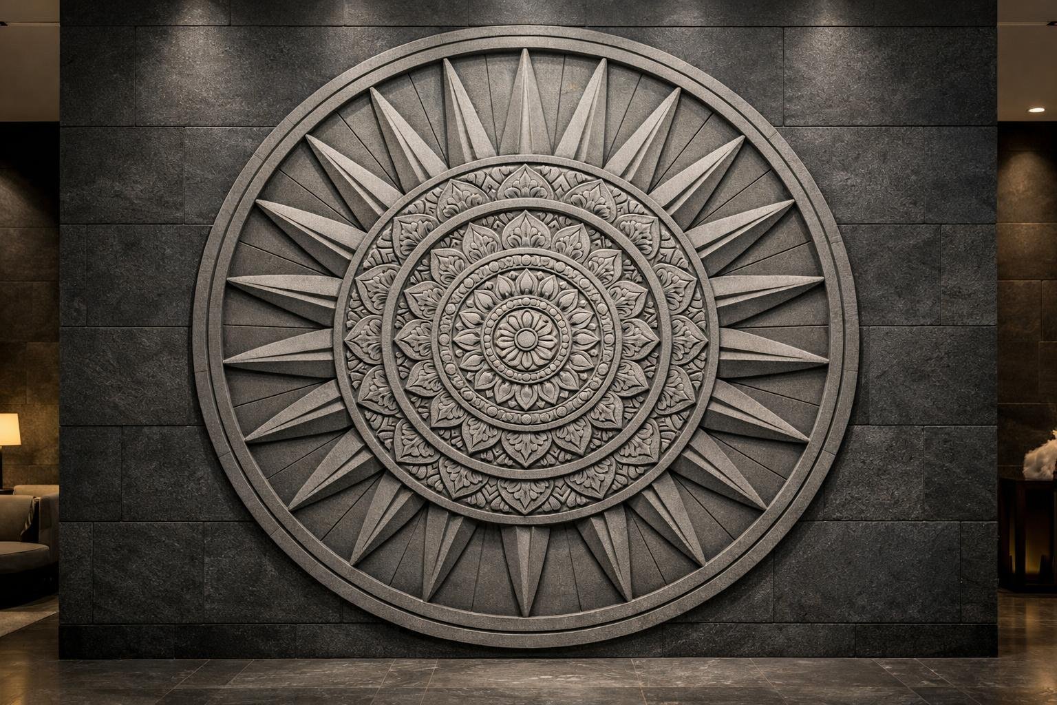 Bespoke 3-meter circular monumental wall sculpture with mandala design by Solaro Art Collection