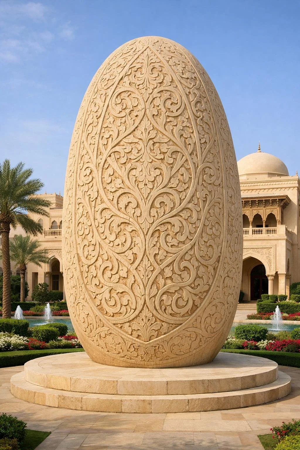 Carved from authentic Golden Sandstone Arabesque Ovaid form Sculpture for luxury gardens. Unique Monumental Mastarpiece. Solaro Art collection