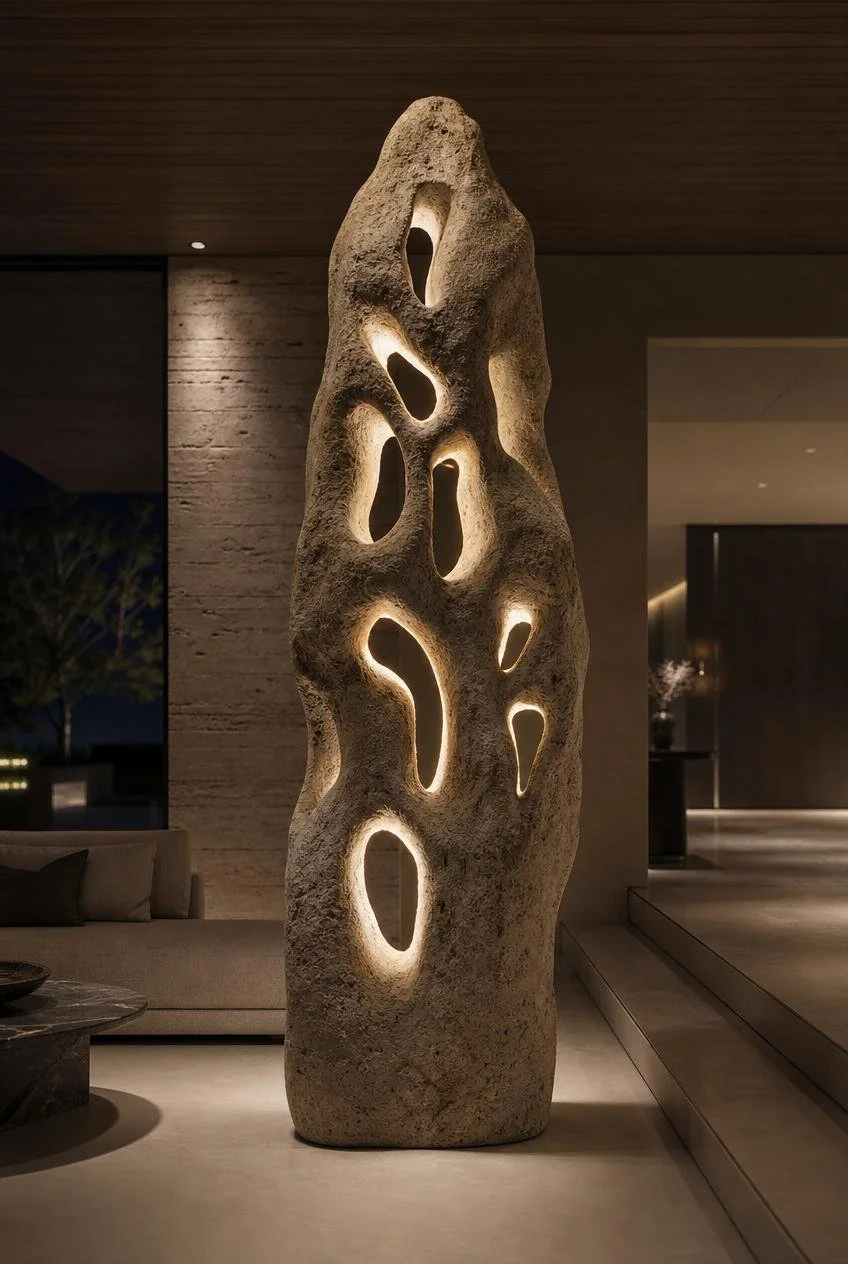 Large natural stone sculpted lamp with organic erosion forms
