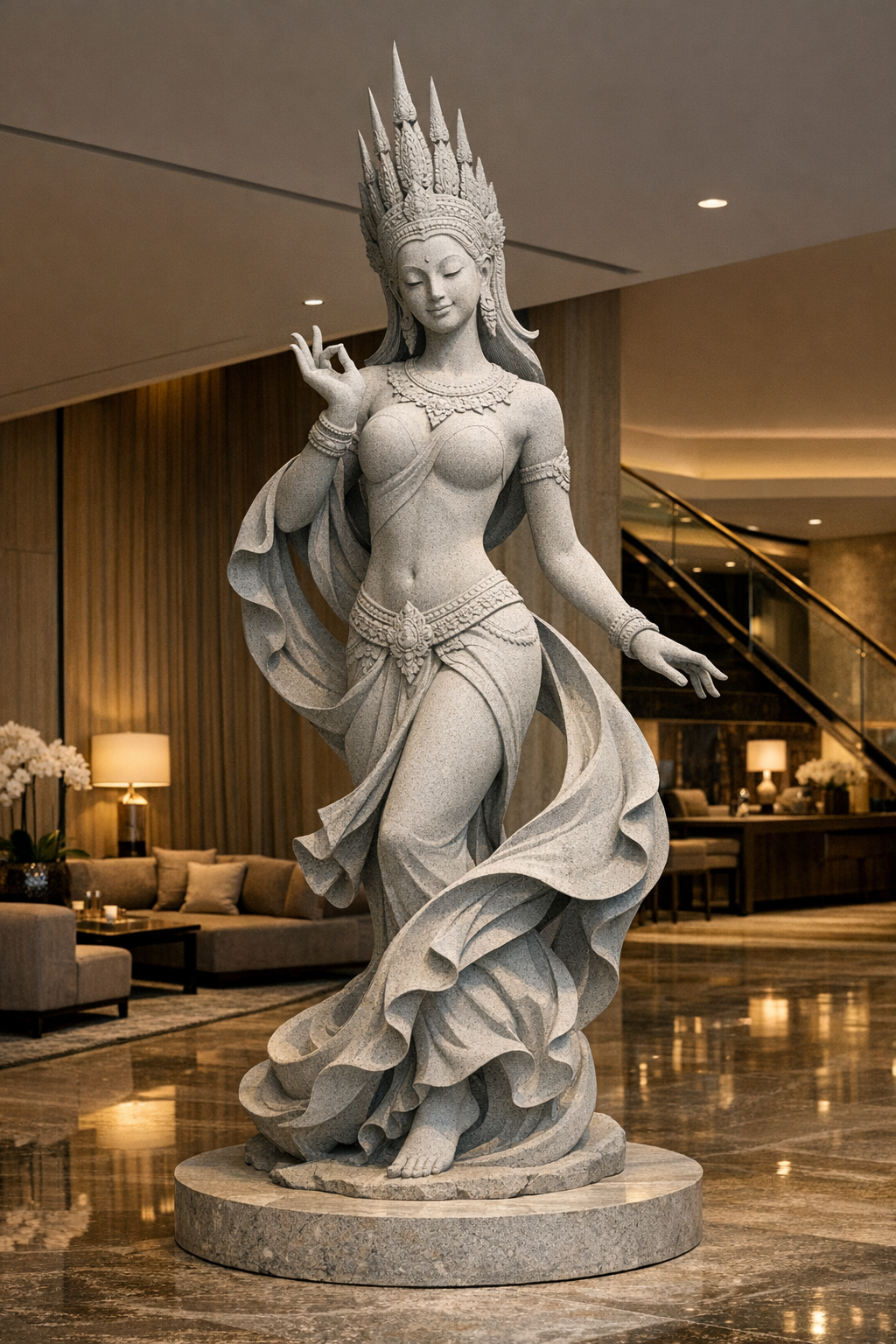 Custom architectural Cambodian Khmer Apsara statue, large-scale sculptural work inspired by classical apsara grace. Designed for luxury lobby or other architectural incorporations. By Solaro Art Collection.