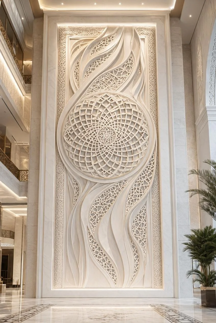 Large-Scale Islamic wall relief in Carrara white marble for luxury architectural projects