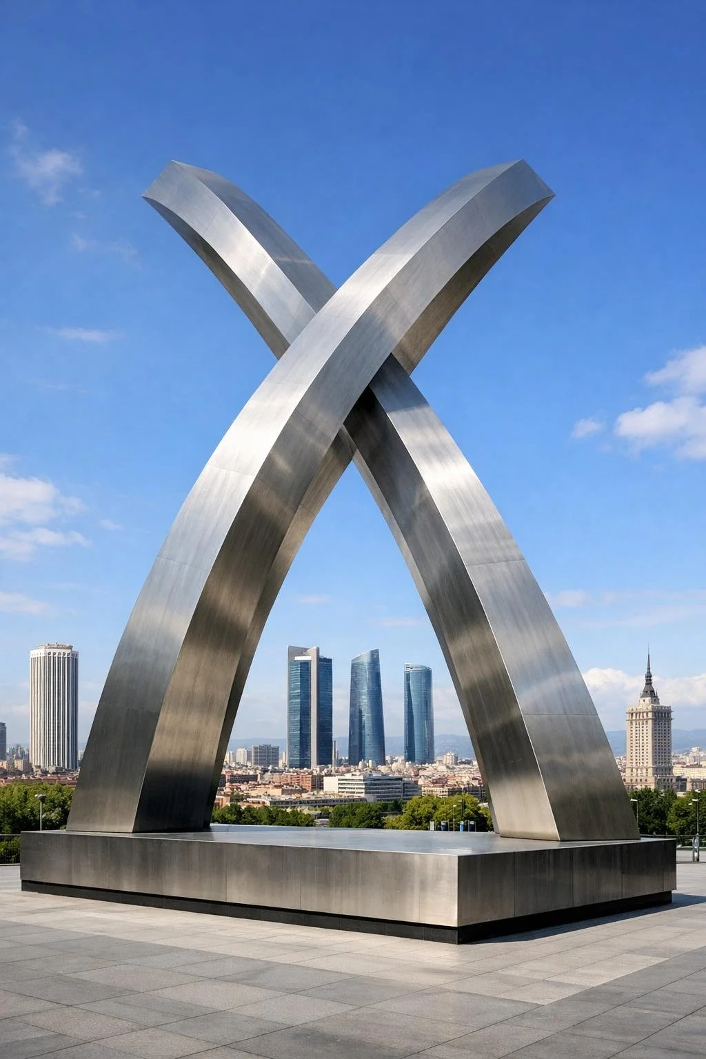 A large metallic sculpture with two intertwined, curved beams in a cityscape with modern skyscrapers and a historic tower in the background under a blue sky.