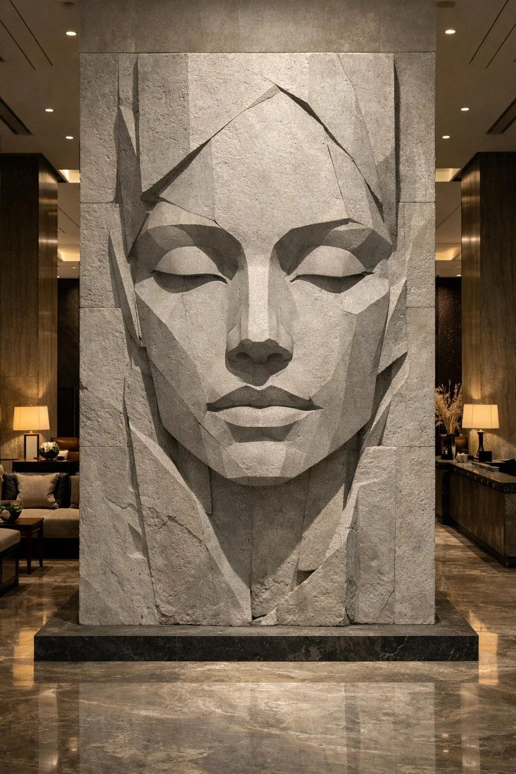 A large stone wall sculpture of a serene woman's face with closed eyes, in a modern interior setting with warm lighting and wooden accents.