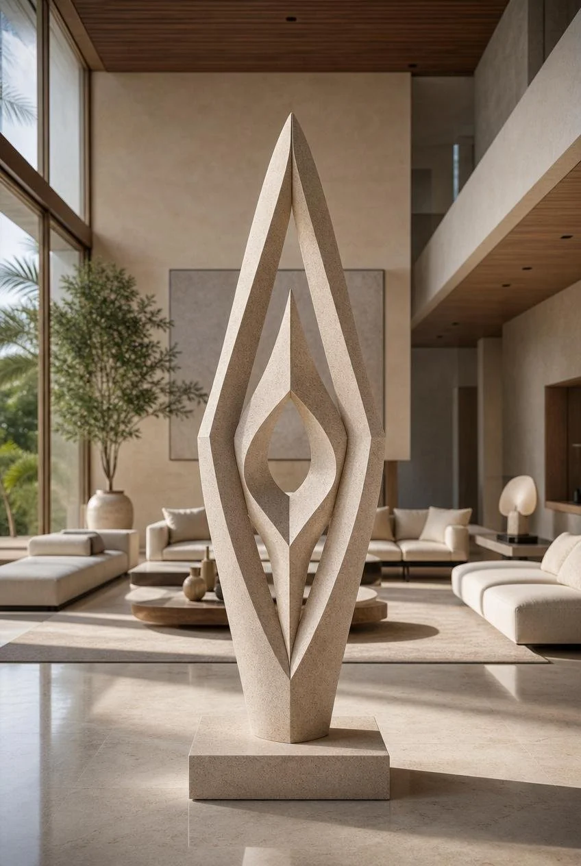 Modern symmetrical beige stone sculpture
