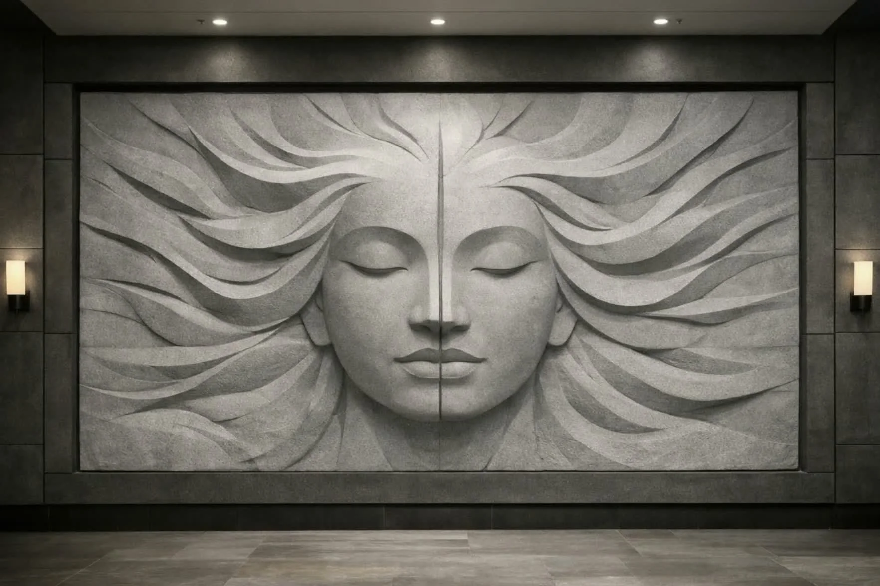 Large Horizontal wall sculpture for lobby. A modern, semi-abstract female face, subtly divided at the center, with flowing hair extending across the stone, creating a calm yet powerful focal point for large lobby spaces. By Solaro Art collection.