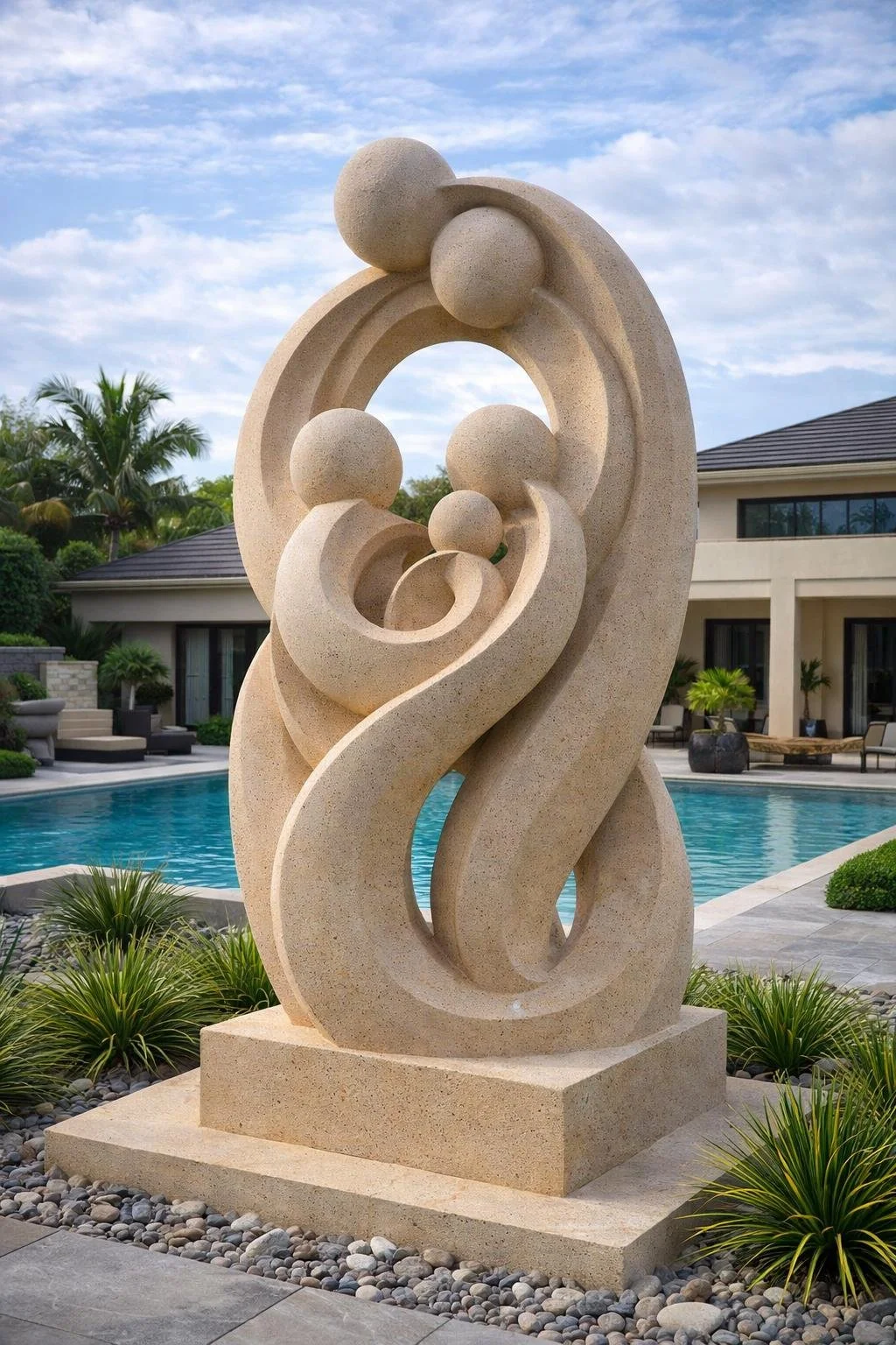 Modern Abstract stone-carved outdoor Statue for luxury gardens, unique masterpiece made to order. Solaro Art Collection