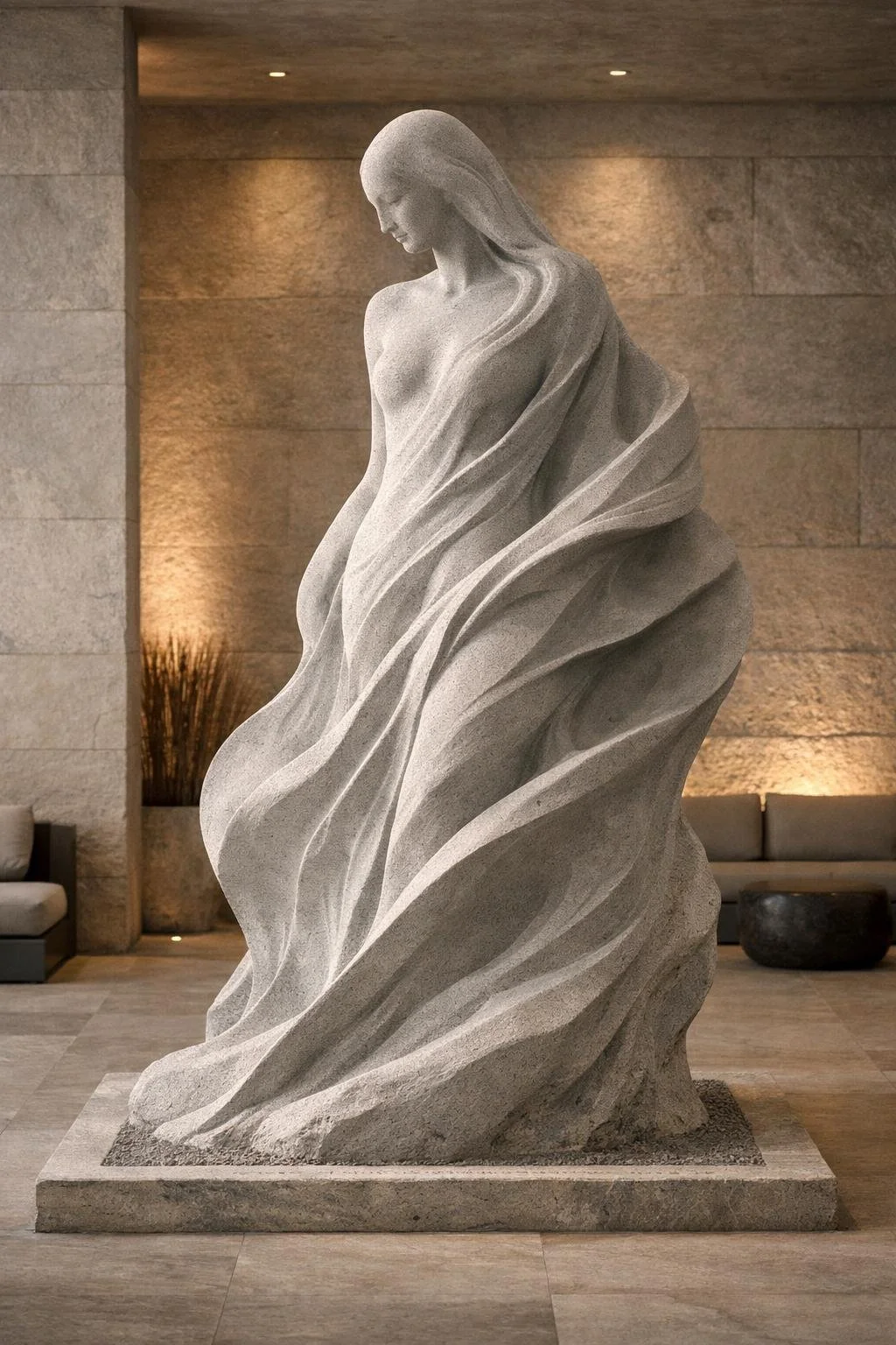 A tall stone sculpture of a woman with flowing hair and draped clothing, situated indoors against a brick wall and illuminated by soft lighting.