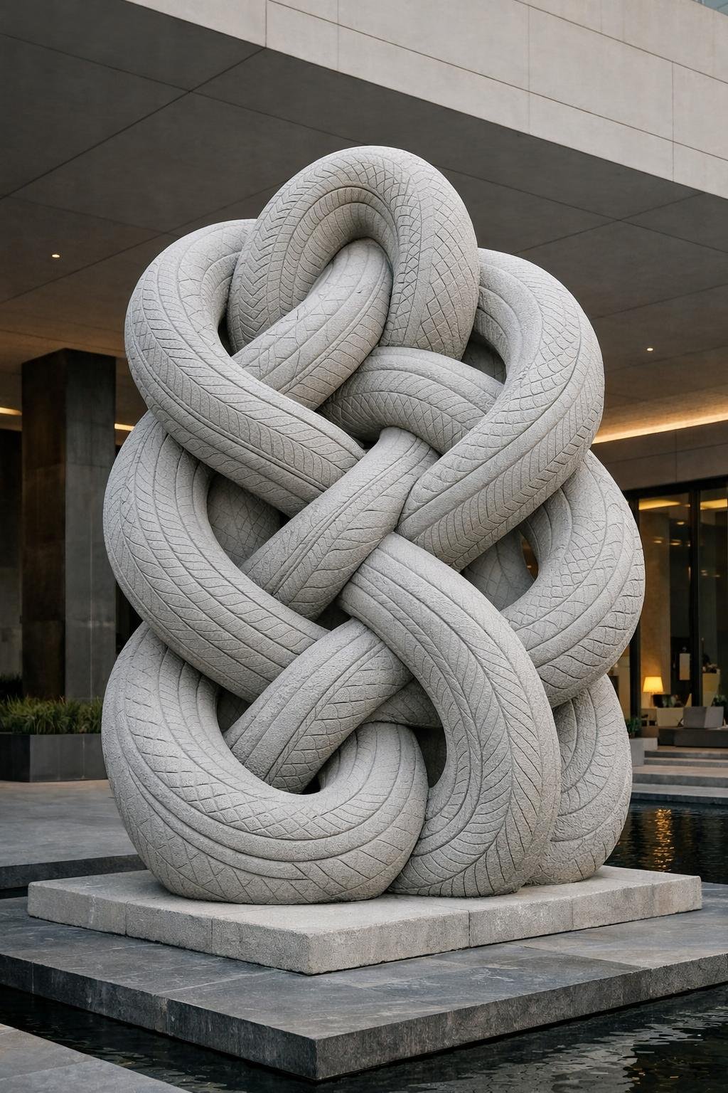An abstract sculpture of intertwined, tire-like shapes made of light-colored stone.