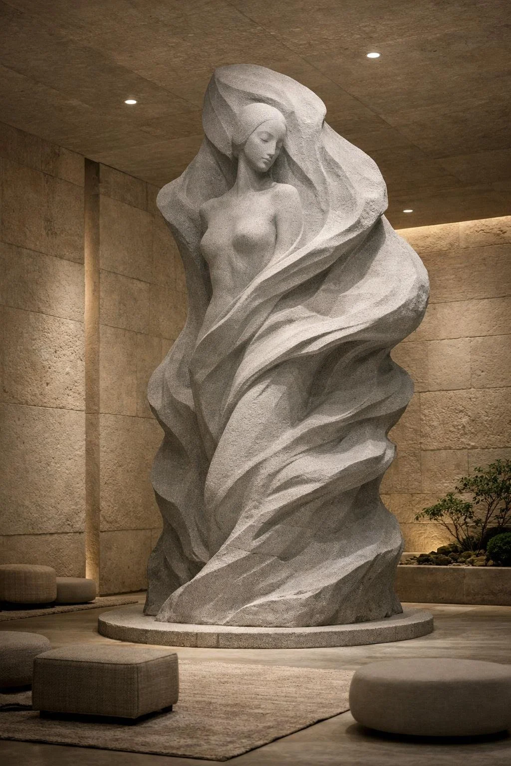 A large stone sculpture of a woman with long flowing hair inside a modern, well-lit building with beige brick walls and minimal furniture.