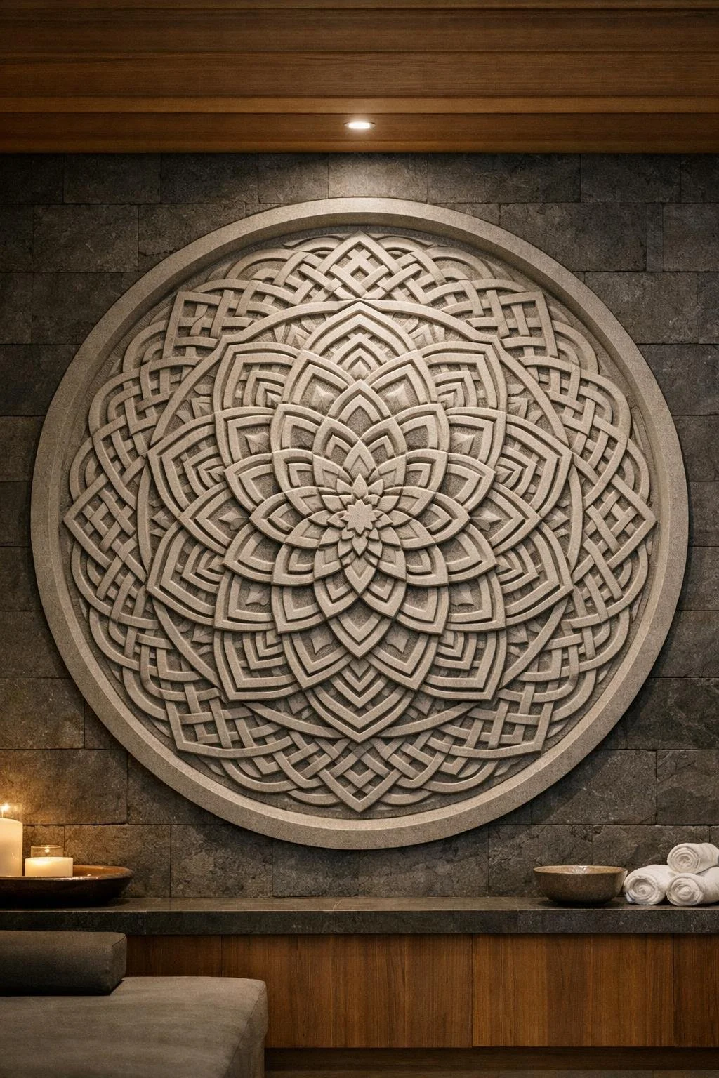 Circular stone wall sculpture featuring a mandala relief, seamlessly integrated into the architecture. A bespoke sculptural feature wall, approximately 2 meters in diameter, designed for refined and contemplative luxury interiors. By Solaro Art
