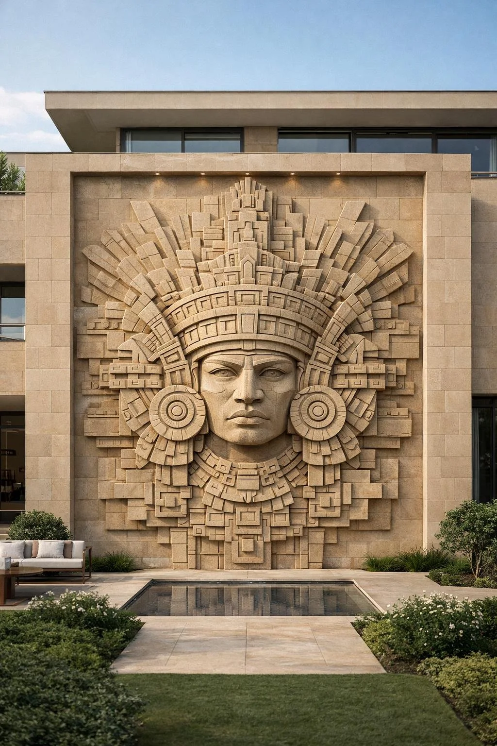 Monumental Mayan inspired stone-carved wall relief. Solaro Art