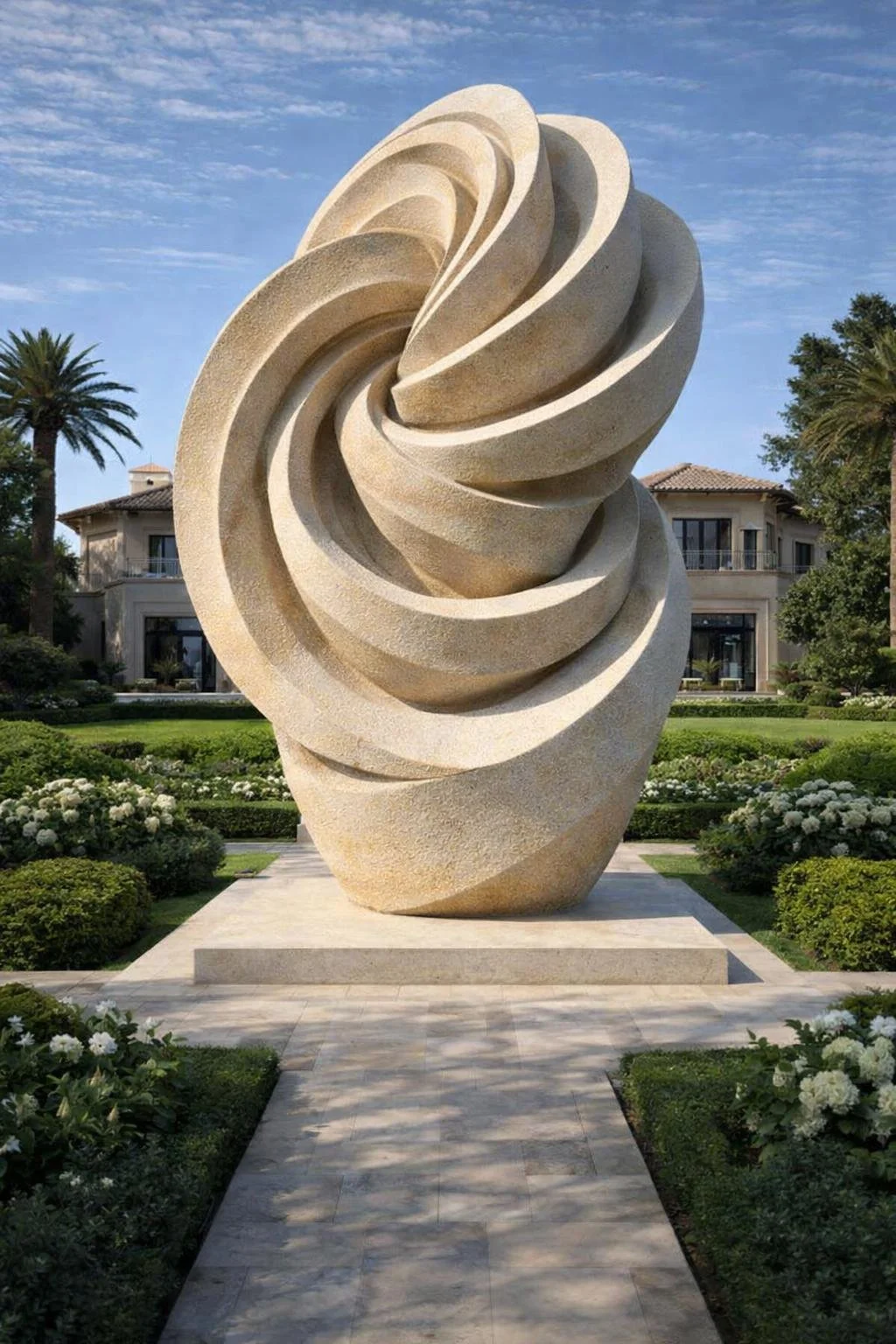 Large-scale stone-carved outdoor sculpture, spiral knot form, modern design. Solaro Art Collection