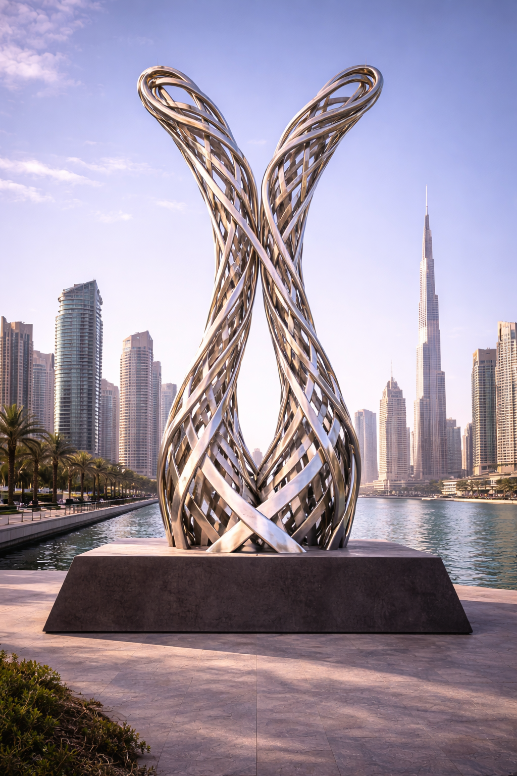 Modern metallic sculpture resembling intertwined ribbons, set against a city skyline with tall skyscrapers and water in the foreground.