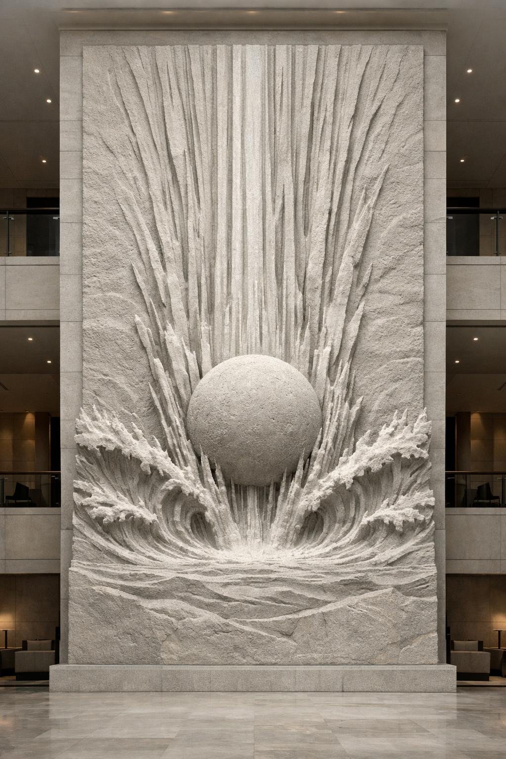 Custom monumental vertical wall sculpture for luxury spaces, worldwide door-to-door delivery. By Solaro Art Collection.