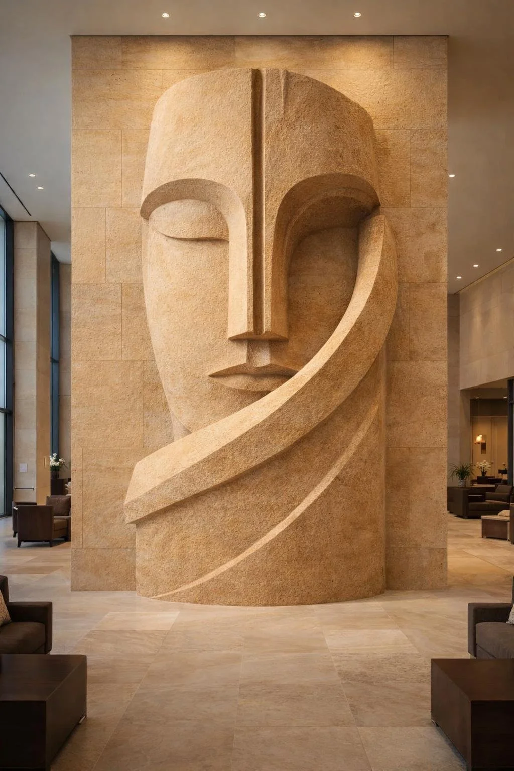 Large-scale-iconic-abstract-face-stone-sculpture. Solaro Art Collection