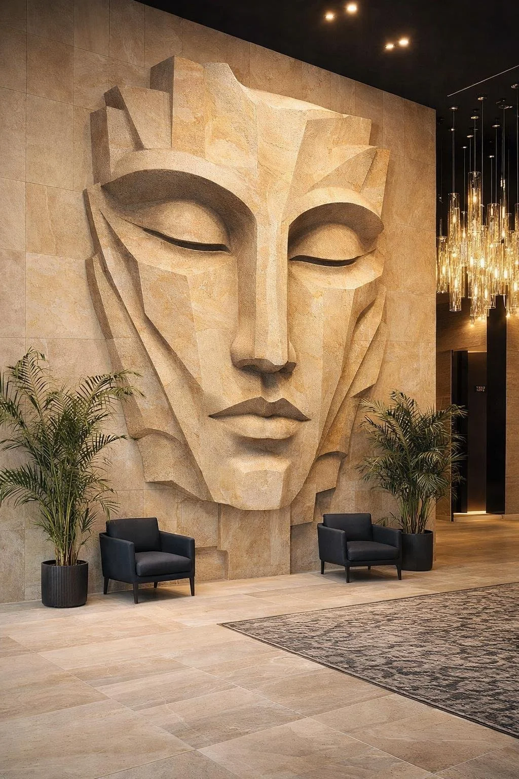 Bespoke large-scale stone-carved face sculpture for luxury hotels or other public spaces. Solaro Art Collection