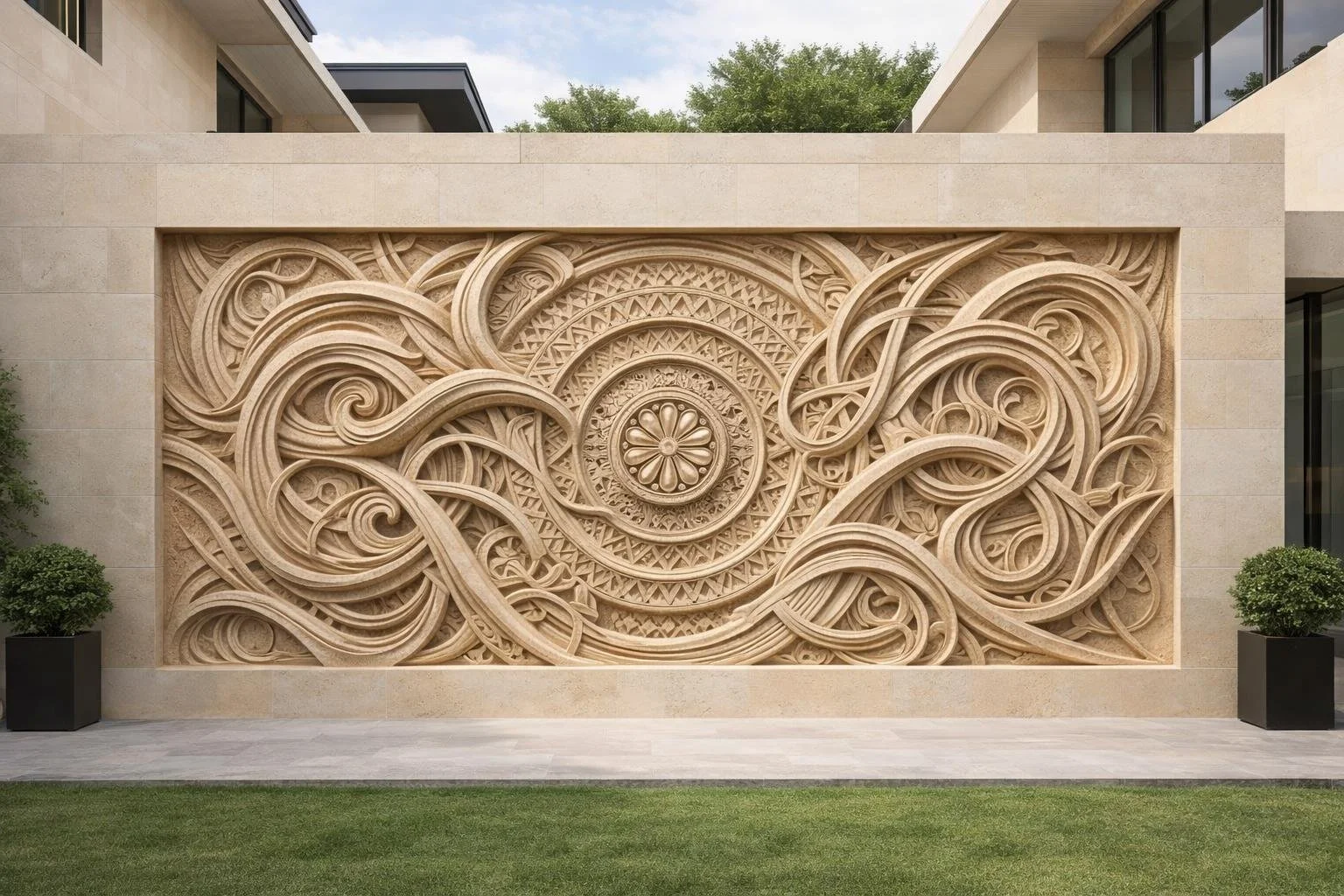 Large beige sandstone contemporary outdoor bas relief. 1/1 artwork production. Solaro Art Collection