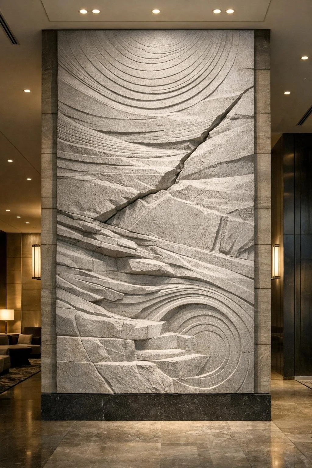 A large textured stone wall with carved abstract geometric patterns and concentric circles, illuminated by overhead lights in a modern interior space.