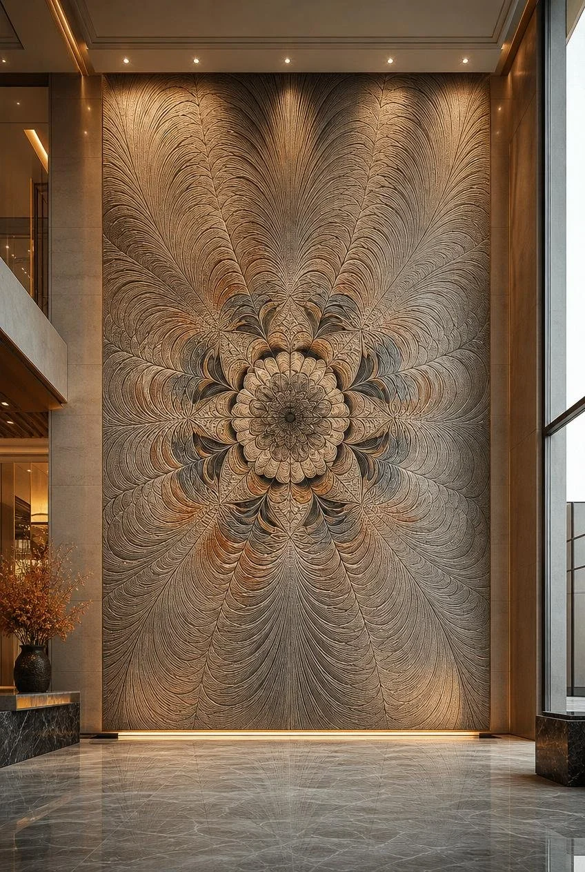 Large multicolor floral stone relief panel inside a luxury villa interior
