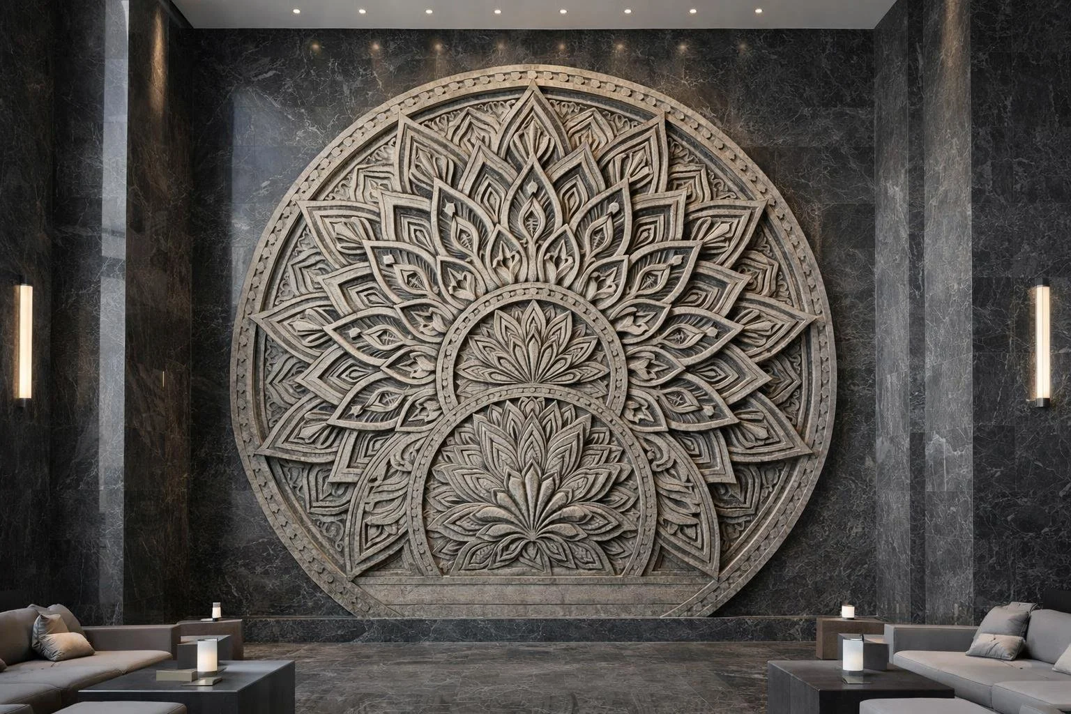 large-scale grey stone mandala sculpture. solaro art collection
