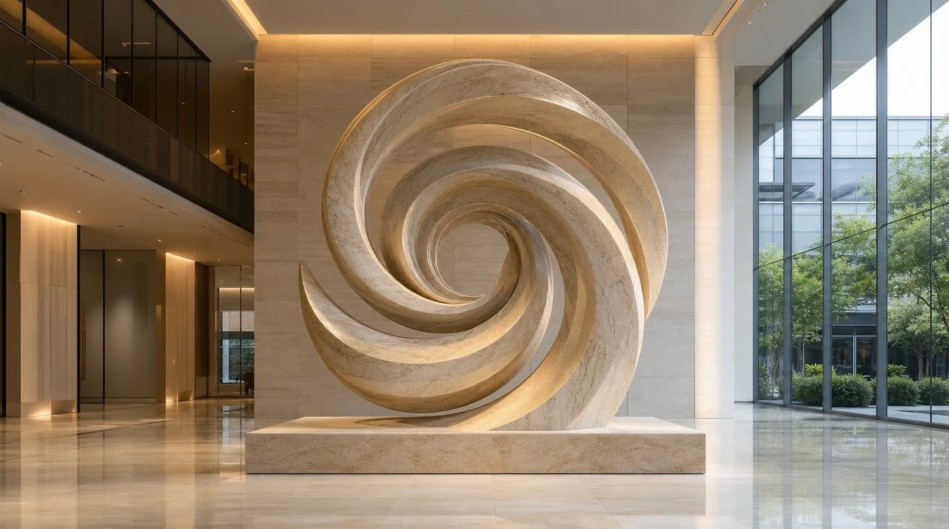 Colossal spiral sculpture in yellow sandstone for luxury corporate buildings. Solaro Art