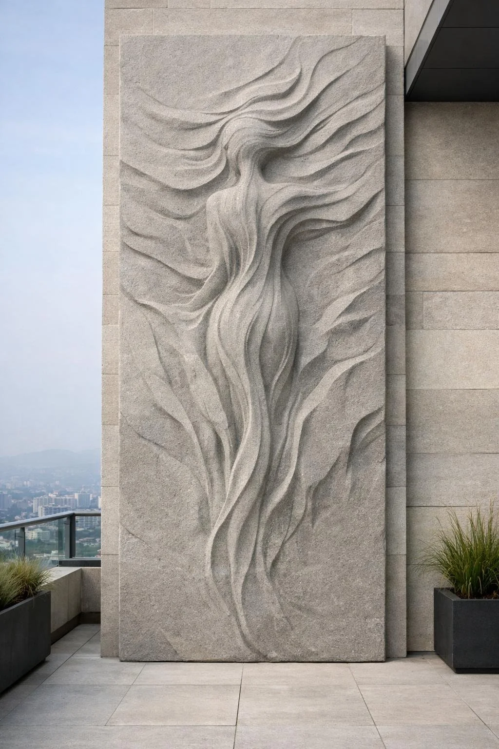 Larrge-scale stone wall sculpture, abstract and contemporary. Solaro Art Collection.