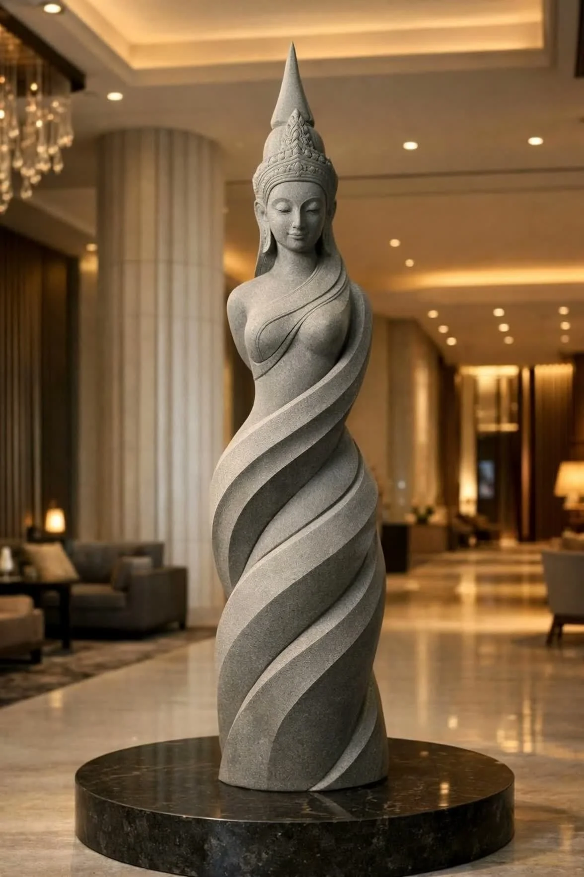 A large spiral-shaped stone sculpture of a serene woman wearing a pointed headdress, situated in a luxurious hotel lobby. Made to order unique sculpture. Solaro Art Collection.