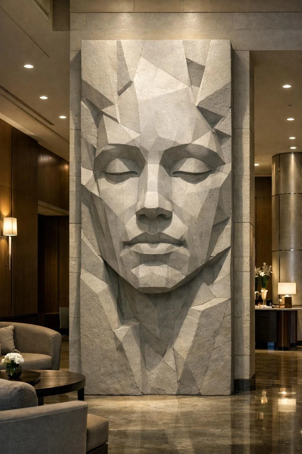 Monolithic human face in relief, rising 5 meters high. A calm, timeless presence carved into stone, balancing abstraction and realism to create a powerful architectural focal point. Solaro Art Collection.