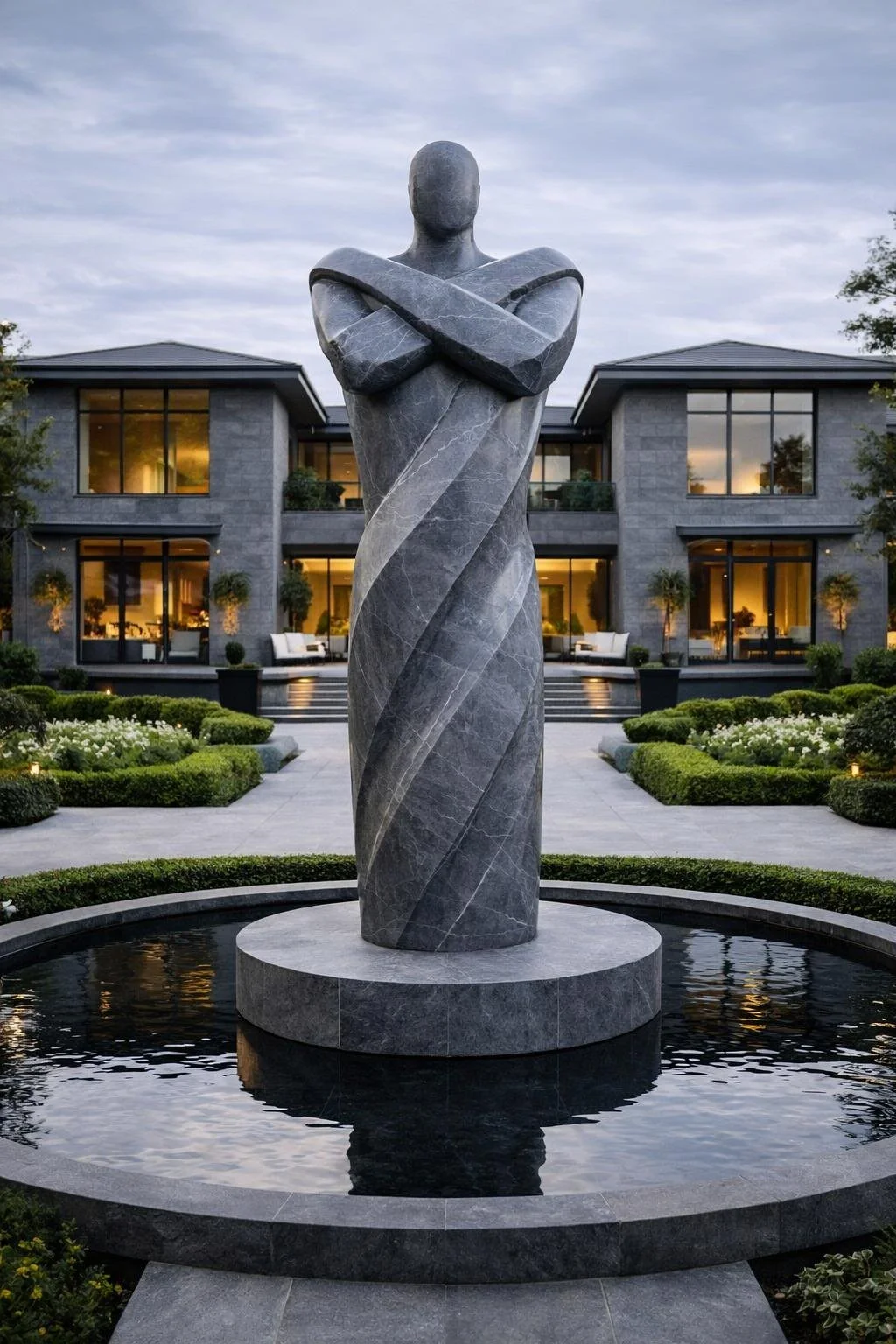 Colossal grey marble outdoor sculpture of an abstract guardian. One-of-a-kind masterpiece made to order. Solaro Art Collection