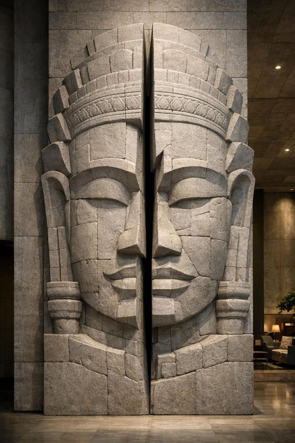 Custom monumental Khmer wall art stone face relief, for architectural integration. By Solaro Art collection