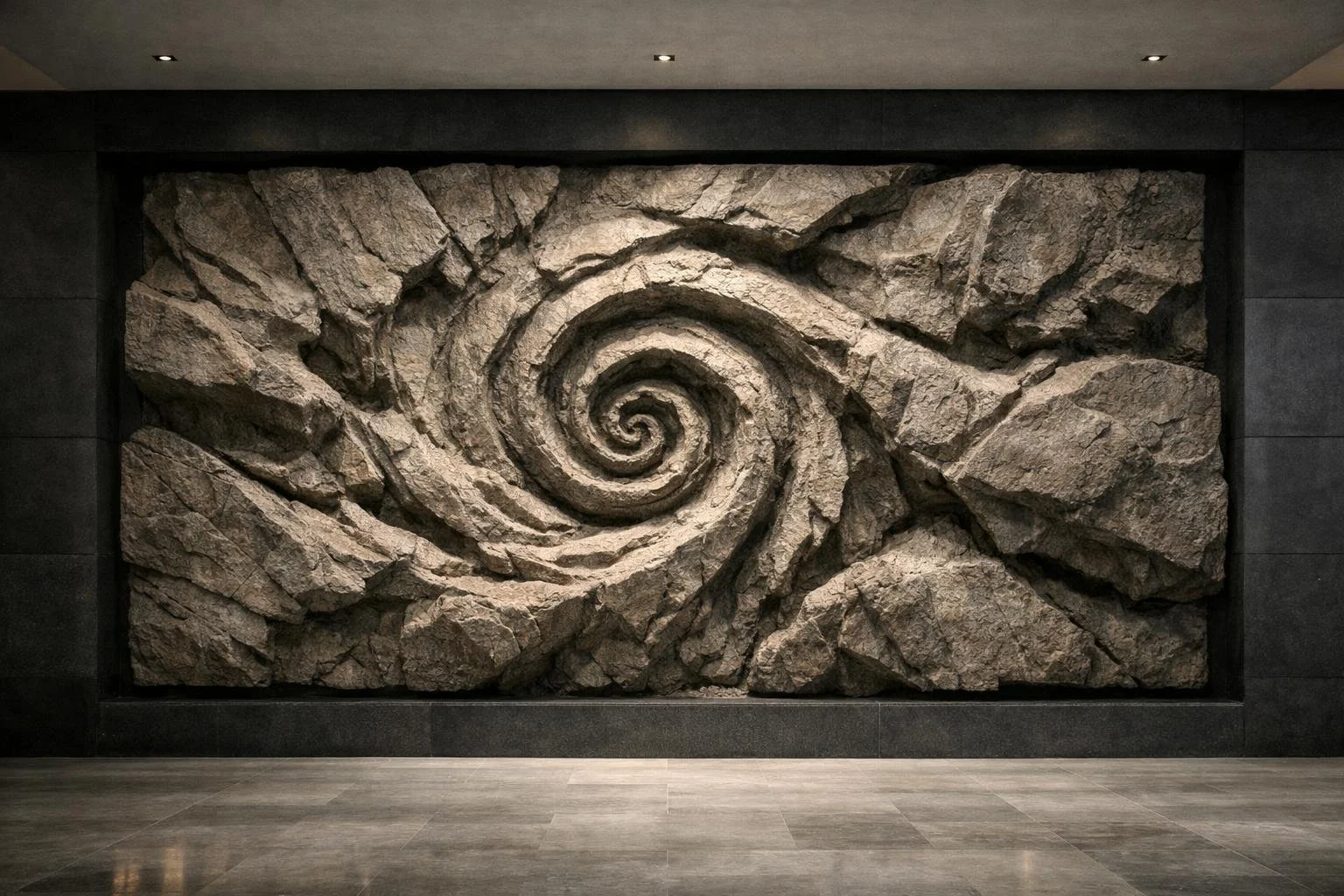 Monumental horizontal stone carved wall relief for architectural interiors. Solaro Art Collection