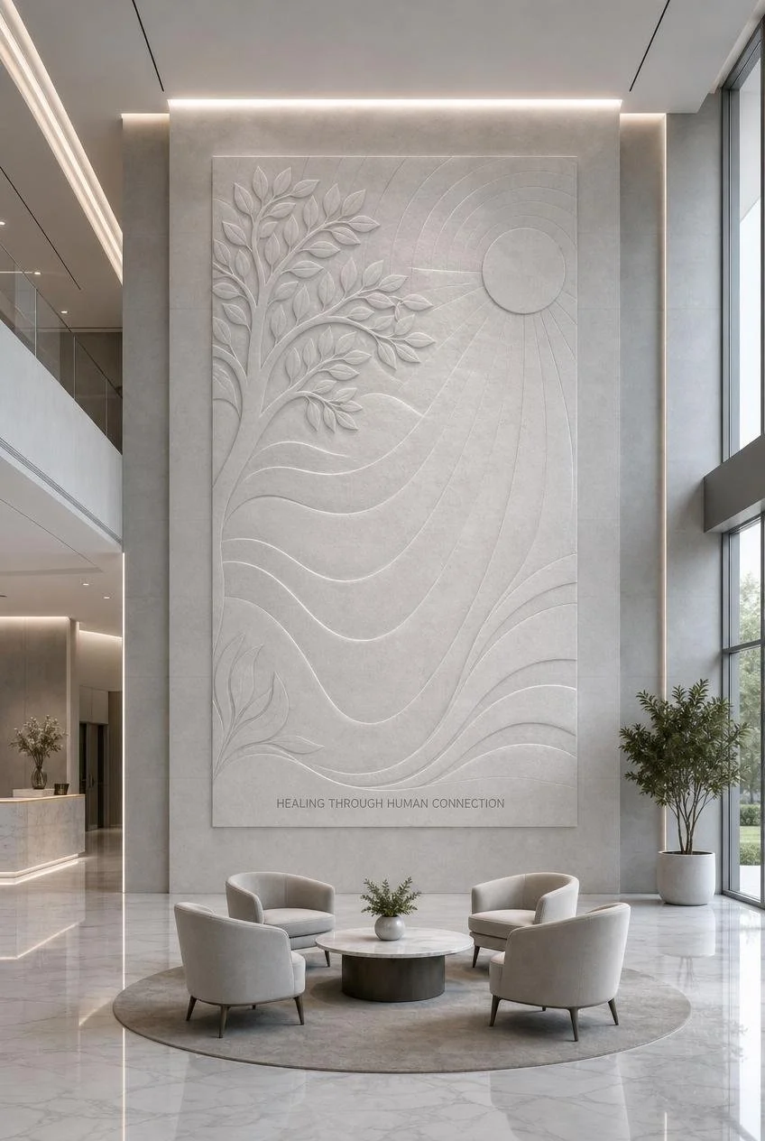 high vertival wall sculpture in white marble in a hospital lobby