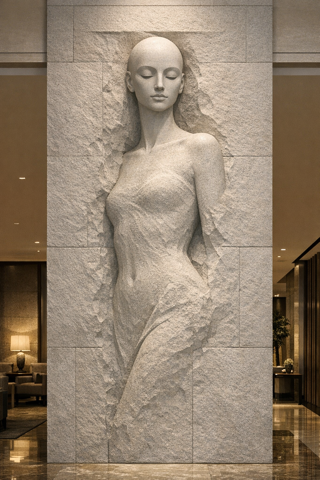Monumental horizontal sculptural feature wall depicting a serene feminine profile, flowing organic lines carved in stone. A bespoke architectural wall sculpture designed for luxury interiors, spanning approximately 7 meters wide and 3 meters high.